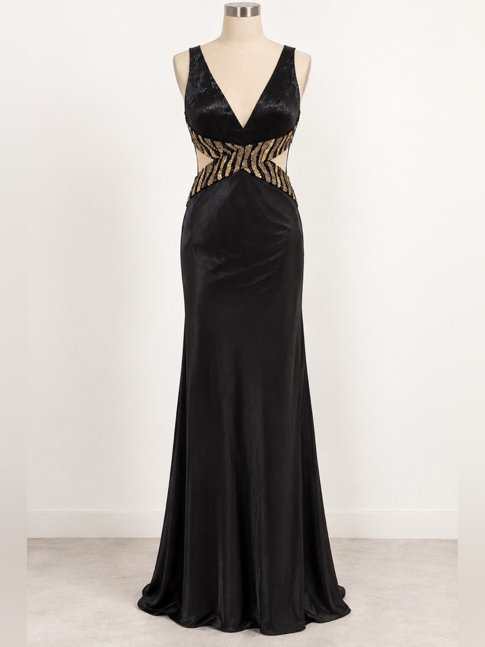La Femme Black Evening Gown with Gold Sequin Waist